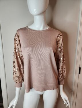 Adrianna Papell Sequin Embroidered Sleeve Knit Top Blush Pink